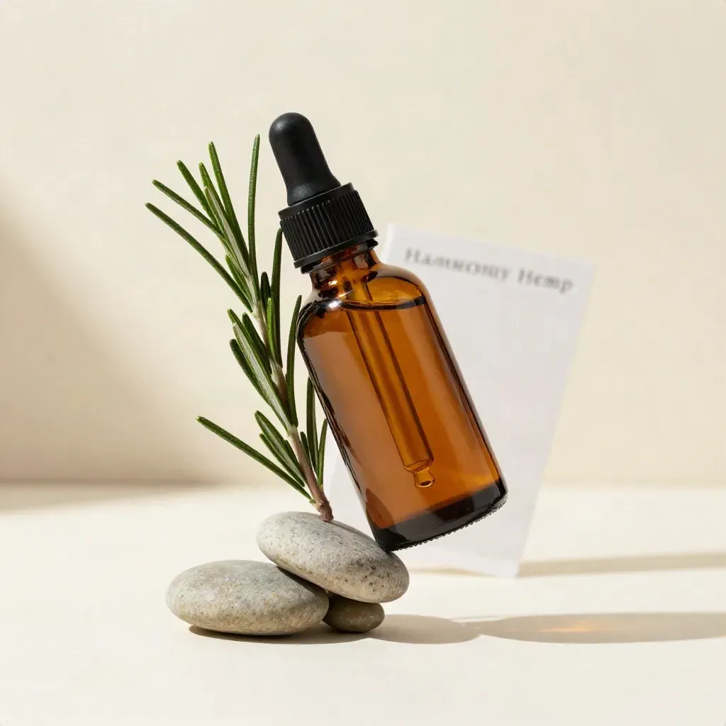 Amber CBD oil bottle with dropper, rosemary sprig, and river stones on a bright studio field.