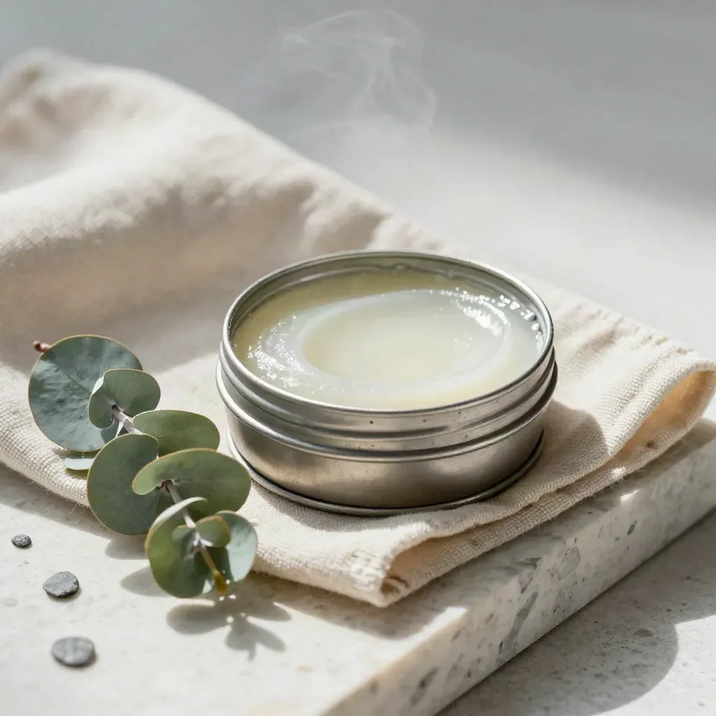 Macro of an open cooling mint balm tin on folded cotton with eucalyptus and stone chips.