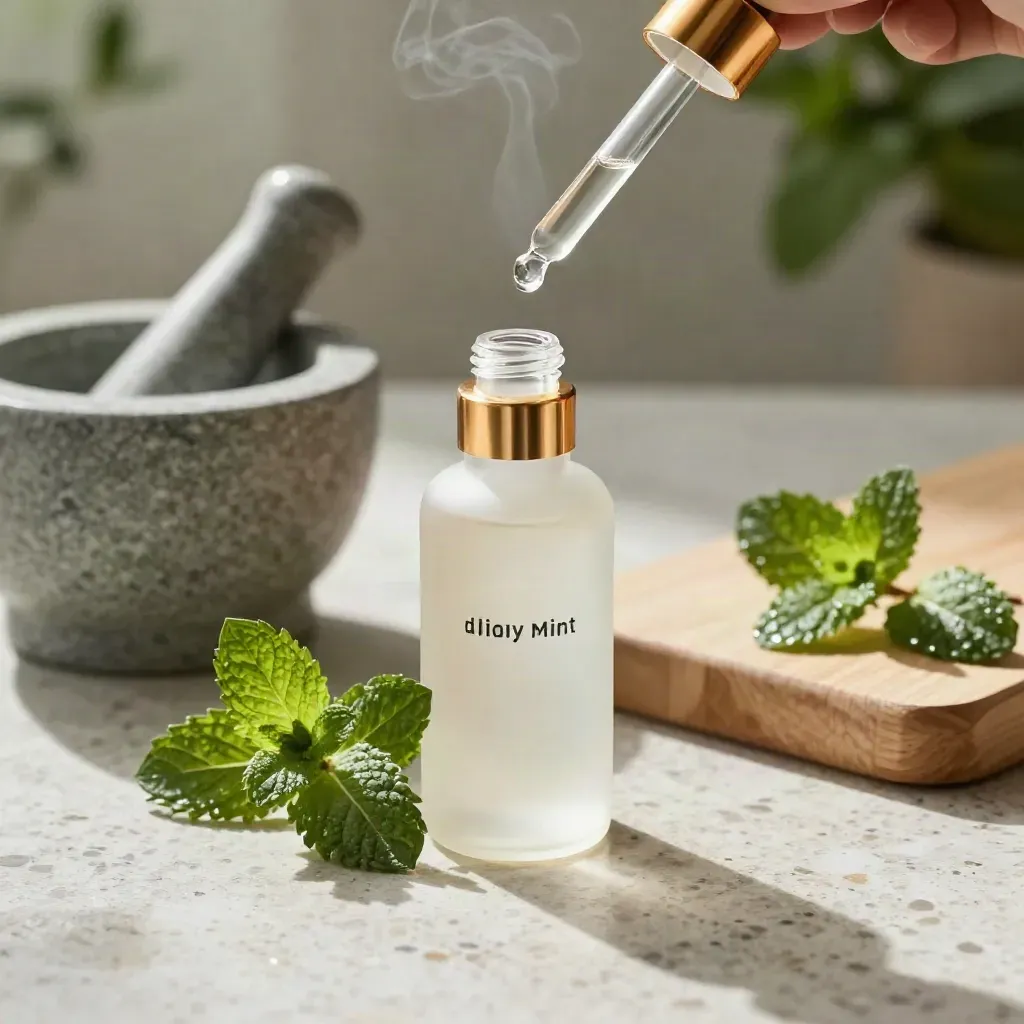 Mint tincture bottle with dropper, mint sprig, mortar, and wood board in soft daylight.