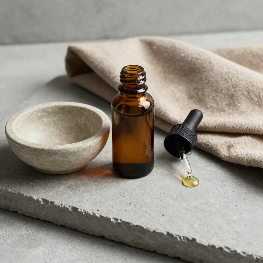 Pet hemp drops bottle, bowl, cloth, and one drop on stone in premium studio light.