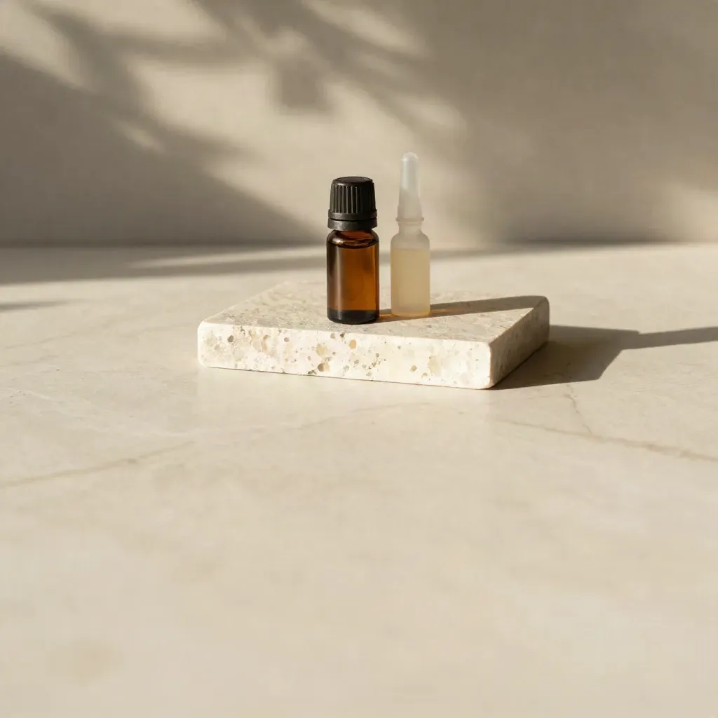 Sunlit marble surface with CBD oil bottle, stone plinth, and soft botanical shadows